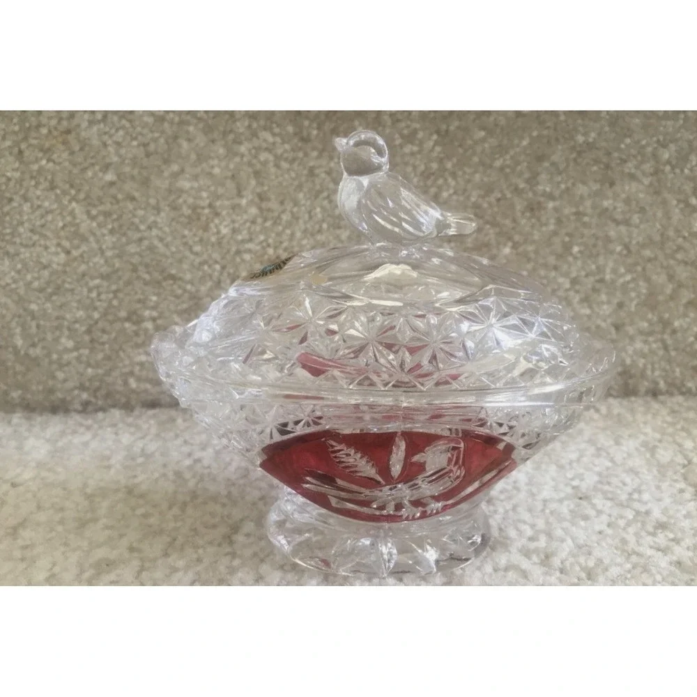 Hofbauer Byrdes Red Bird Crystal Small Oval Shaped Covered Trinket Box